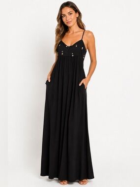 Beauty & Grace Black Embellished Maxi Dress M NWT Pockets Beaded Evening Formal